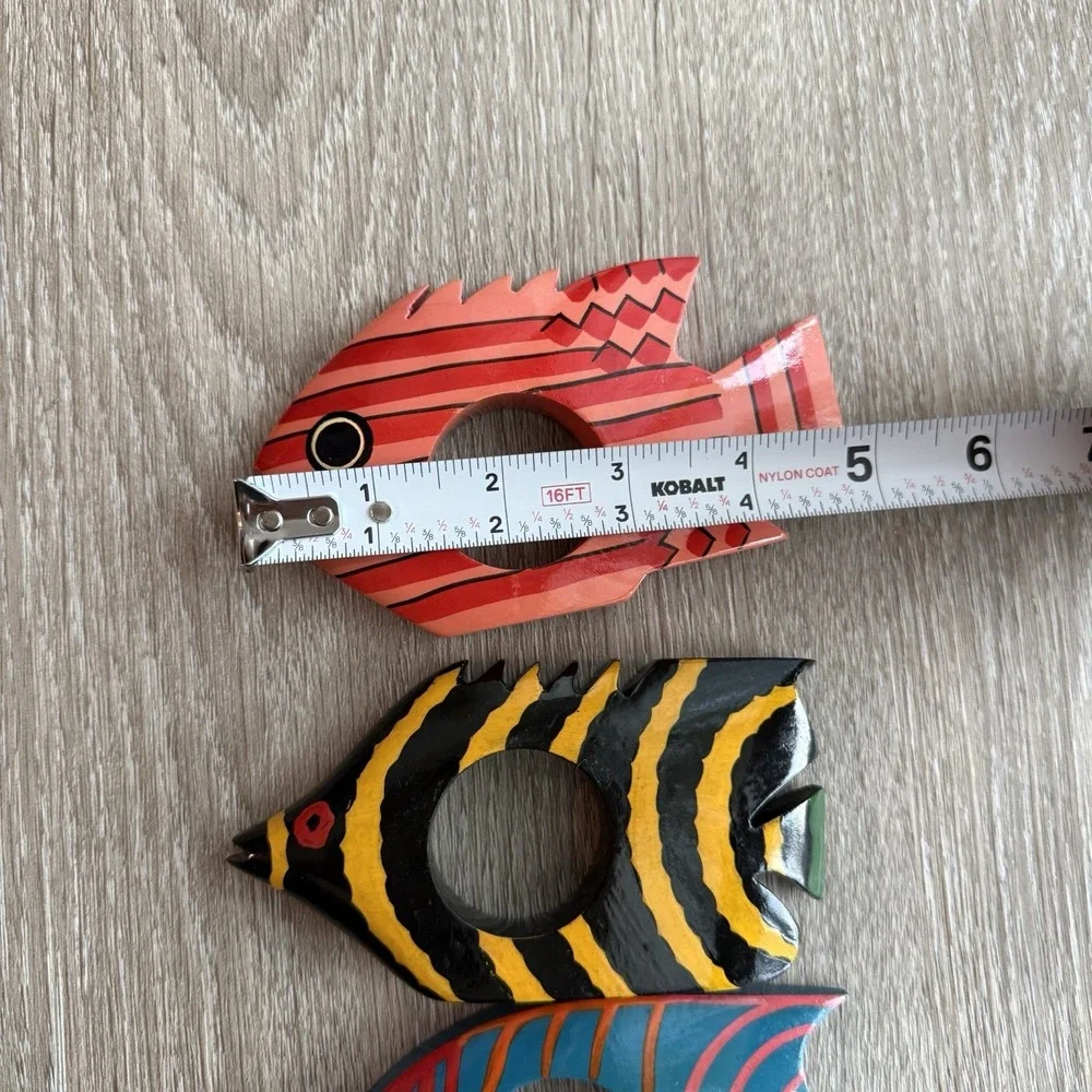 Set of 3 VTG Hand Carved Wooden Tropical Fish Napkin Rings Beach Coastal Decor
